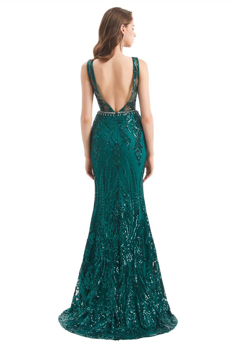 Mermaid Round Beaded Sleeveless Lace Sequined Floor-length Open Back Prom Dress-stylesnuggle