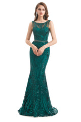 Mermaid Round Beaded Sleeveless Lace Sequined Floor-length Open Back Prom Dress-stylesnuggle