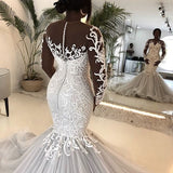 Mermaid Round Collar Long Sleeves Long Train Tulle Applique Wedding Dress-stylesnuggle