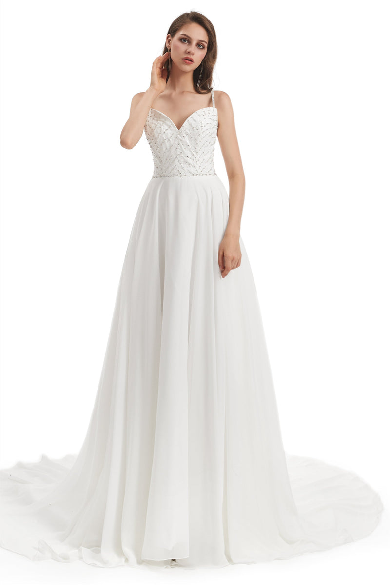 Mermaid Spaghetti strap Beading V-neck Floor-length Sleeveless Backless Wedding Dress-stylesnuggle