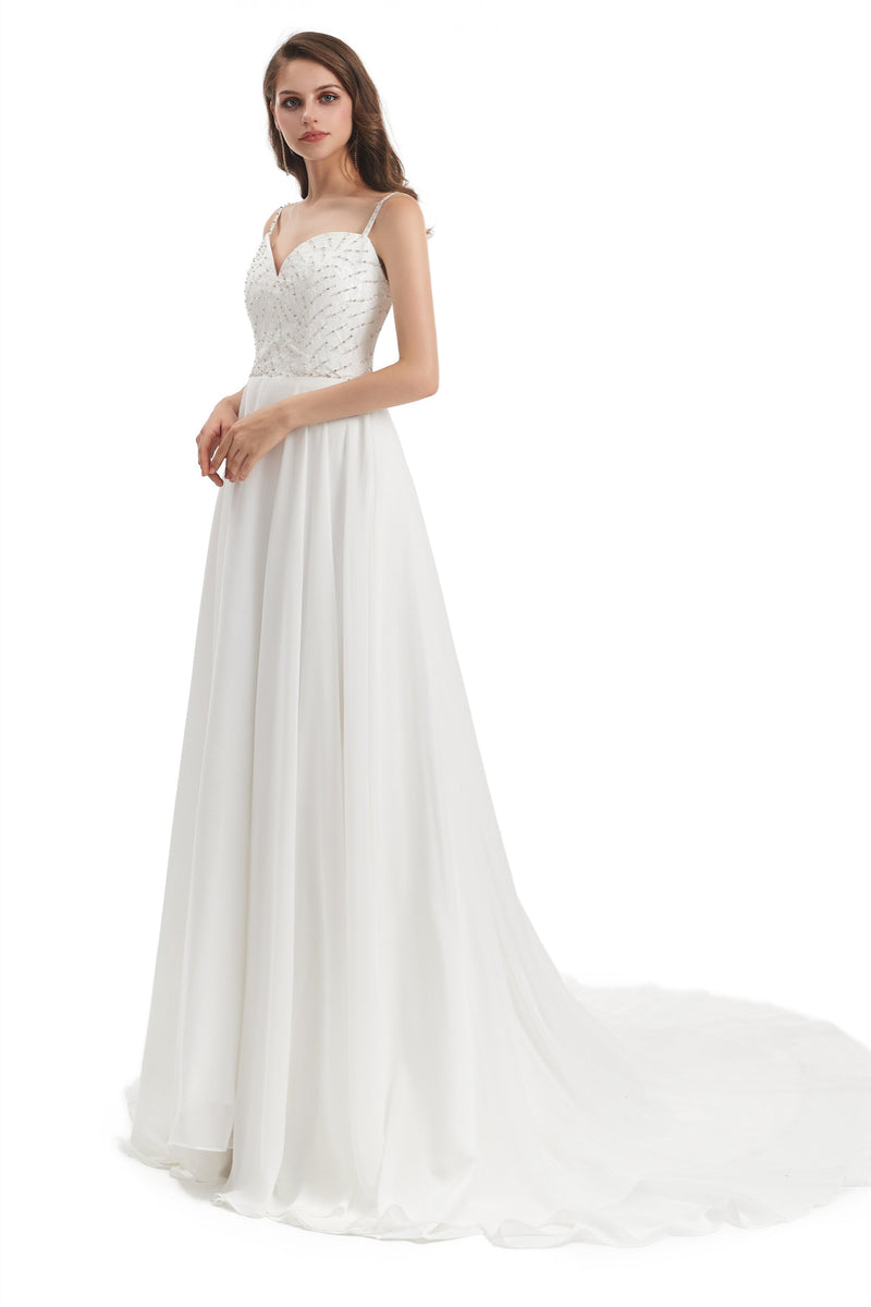 Mermaid Spaghetti strap Beading V-neck Floor-length Sleeveless Backless Wedding Dress-stylesnuggle