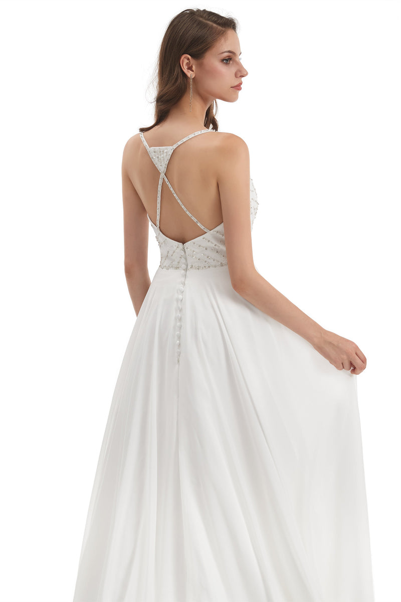 Mermaid Spaghetti strap Beading V-neck Floor-length Sleeveless Backless Wedding Dress-stylesnuggle