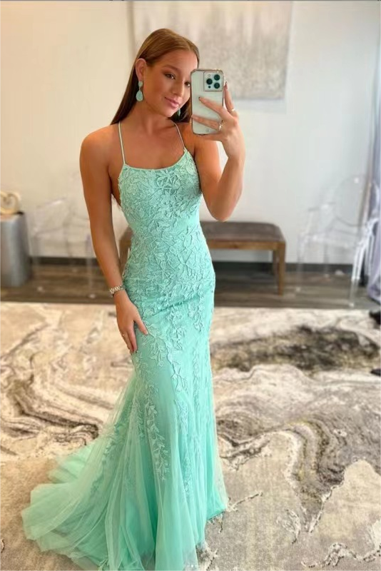 Mermaid Spaghetti strap Floor-length Sleeveless Open Back Appliques Lace Prom Dress-stylesnuggle