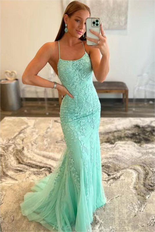 Mermaid Spaghetti strap Floor-length Sleeveless Open Back Appliques Lace Prom Dress-stylesnuggle