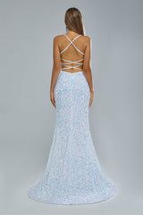 Mermaid Spaghetti strap Sequined Floor-length Sleeveless Backless High Split Elegant Prom Dress-stylesnuggle