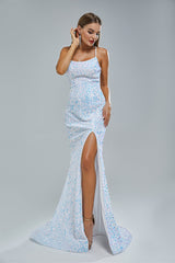 Mermaid Spaghetti strap Sequined Floor-length Sleeveless Backless High Split Elegant Prom Dress-stylesnuggle