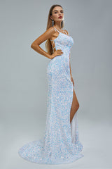 Mermaid Spaghetti strap Sequined Floor-length Sleeveless Backless High Split Elegant Prom Dress-stylesnuggle