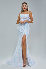 Mermaid Spaghetti strap Sequined Floor-length Sleeveless Backless High Split Elegant Prom Dress-stylesnuggle