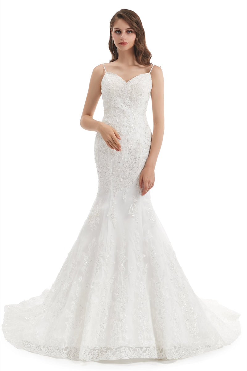 Mermaid Spaghetti strap Sweetheart Sequined Floor-length Sleeveless Backless Appliques Lace Wedding Dress-stylesnuggle