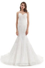 Mermaid Spaghetti strap Sweetheart Sequined Floor-length Sleeveless Backless Appliques Lace Wedding Dress-stylesnuggle