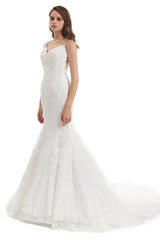 Mermaid Spaghetti strap Sweetheart Sequined Floor-length Sleeveless Backless Appliques Lace Wedding Dress-stylesnuggle