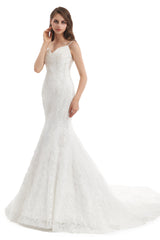 Mermaid Spaghetti strap Sweetheart Sequined Floor-length Sleeveless Backless Appliques Lace Wedding Dress-stylesnuggle