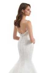 Mermaid Spaghetti strap Sweetheart Sequined Floor-length Sleeveless Backless Appliques Lace Wedding Dress-stylesnuggle