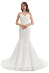 Mermaid Spaghetti strap Sweetheart Sequined Floor-length Sleeveless Backless Appliques Lace Wedding Dress-stylesnuggle