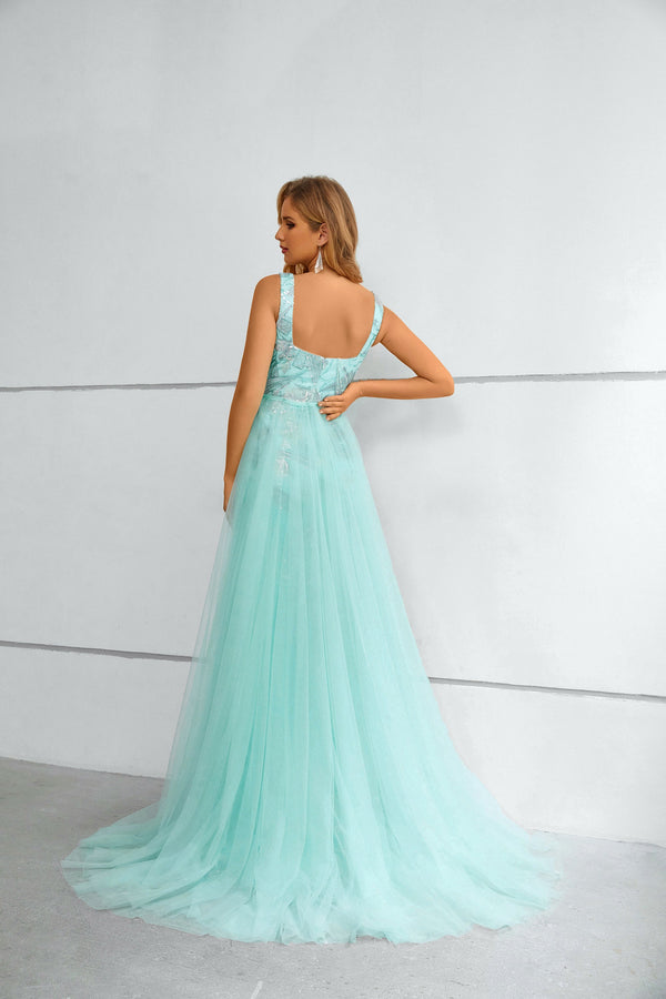 Mermaid Square Lace Applique Floor-length Sleeveless Backless Prom Dress with Side Train-stylesnuggle