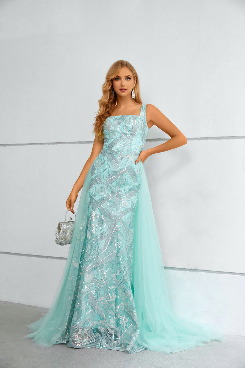 Mermaid Square Lace Applique Floor-length Sleeveless Backless Prom Dress with Side Train-stylesnuggle