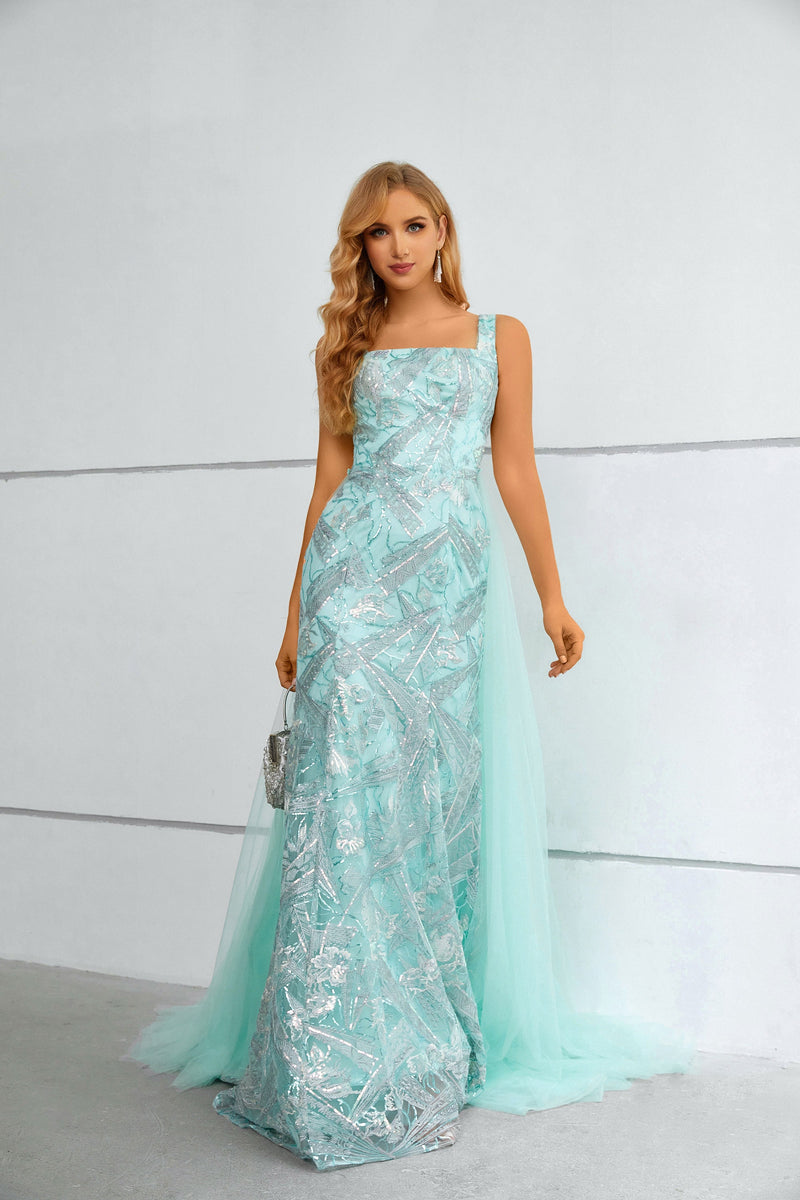 Mermaid Square Lace Applique Floor-length Sleeveless Backless Prom Dress with Side Train-stylesnuggle