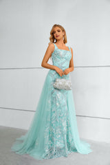 Mermaid Square Lace Applique Floor-length Sleeveless Backless Prom Dress with Side Train-stylesnuggle