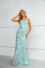 Mermaid Square Lace Applique Floor-length Sleeveless Backless Prom Dress with Side Train-stylesnuggle