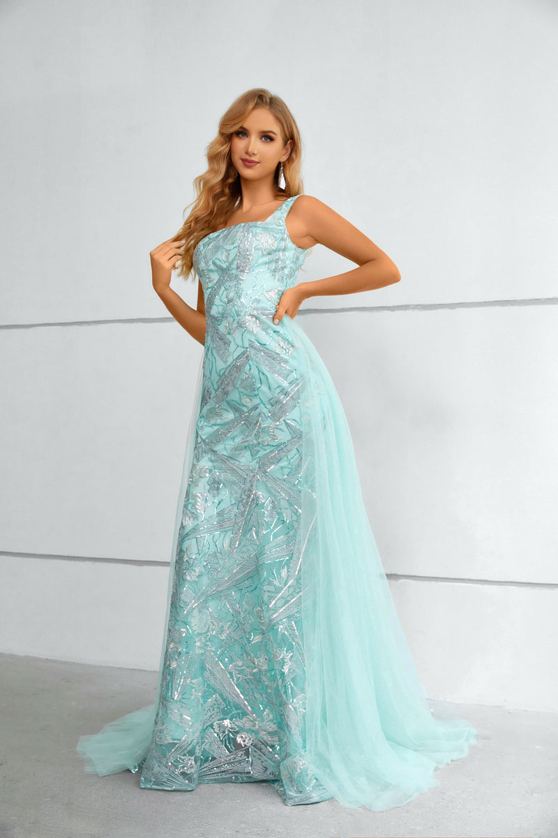 Mermaid Square Lace Applique Floor-length Sleeveless Backless Prom Dress with Side Train-stylesnuggle