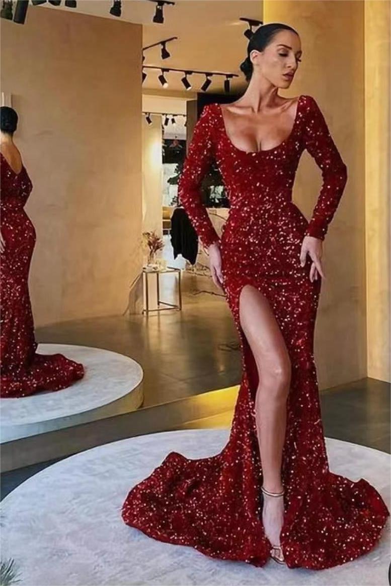 Mermaid Square Neckline Sequined Floor-length Long Sleeve Backless High Split Prom Dress-stylesnuggle