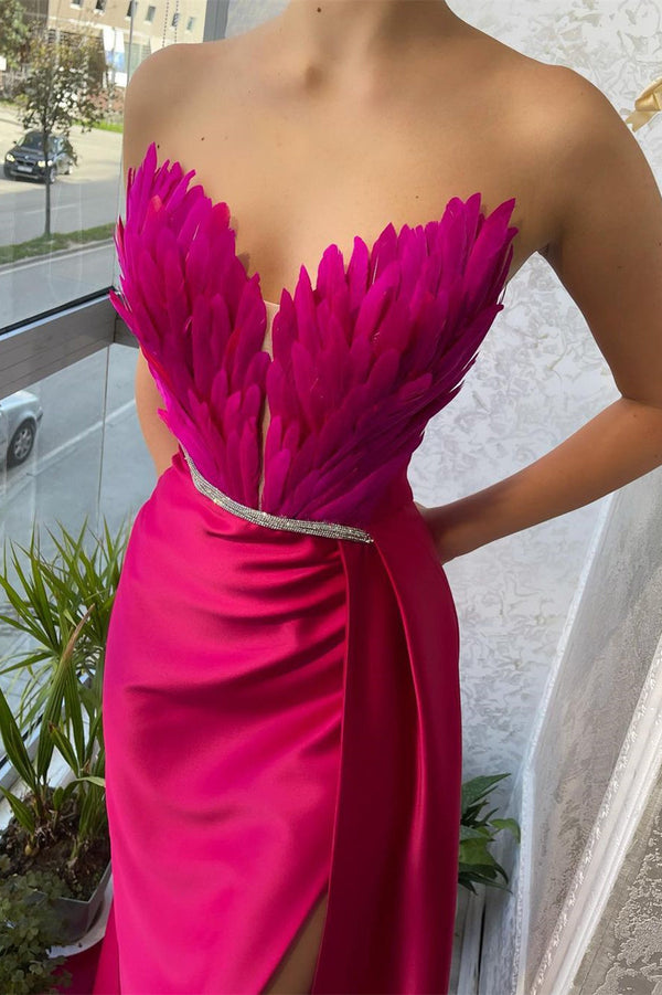 Mermaid Strapless Asymmetrical Floor-length Sleeveless Open Back Side Train High Split Prom Dress-stylesnuggle