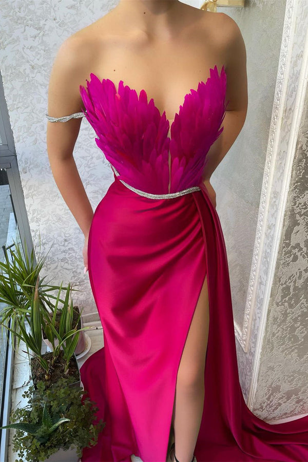 Mermaid Strapless Asymmetrical Floor-length Sleeveless Open Back Side Train High Split Prom Dress-stylesnuggle