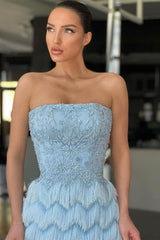 Mermaid Strapless Floor-length Cap Sleeve Appliques Lace with Feather Prom Dress-stylesnuggle