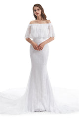 Mermaid Strapless Floor-length Off-the-shoulder Appliques Lace Short Sleeve Floor-length Wedding Dress-stylesnuggle