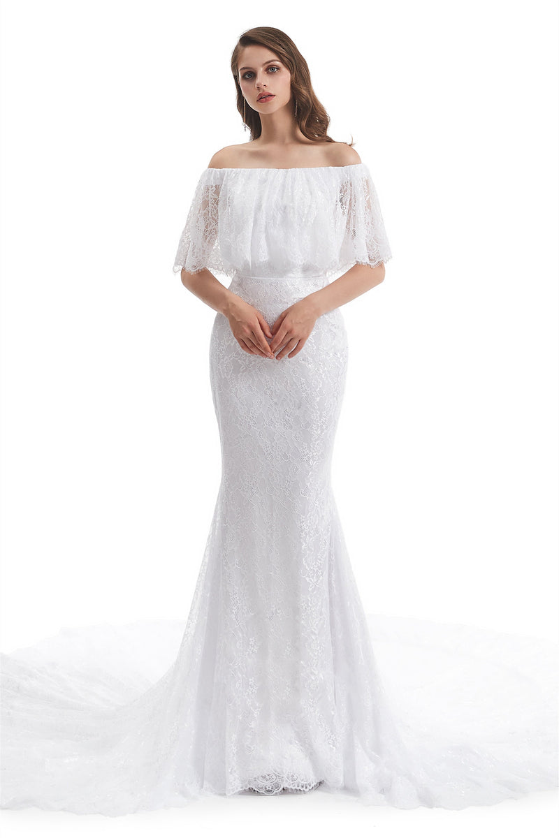 Mermaid Strapless Floor-length Off-the-shoulder Appliques Lace Short Sleeve Floor-length Wedding Dress-stylesnuggle