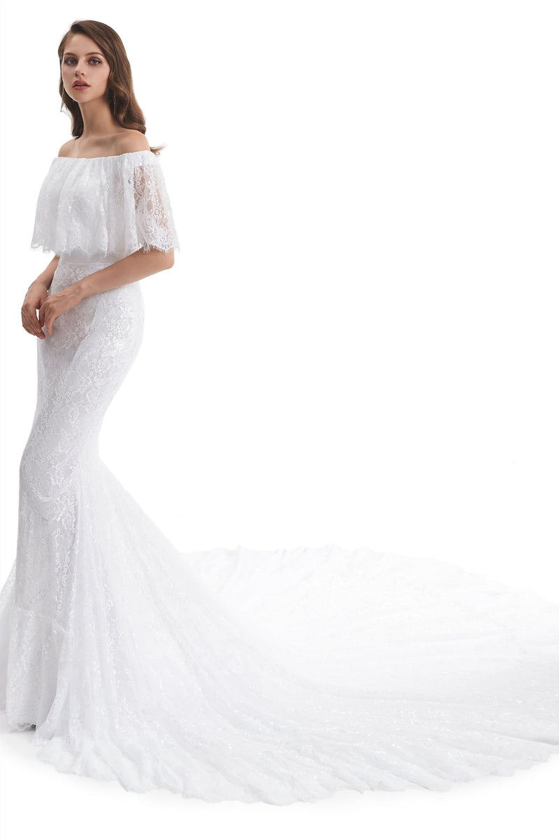 Mermaid Strapless Floor-length Off-the-shoulder Appliques Lace Short Sleeve Floor-length Wedding Dress-stylesnuggle