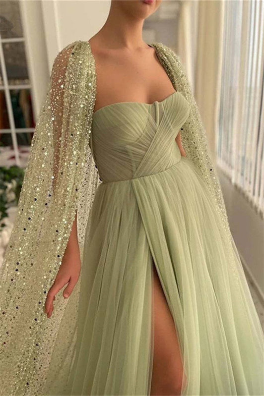 Mermaid Strapless Lace Sequined Floor-length Sleeveless With Shawl High Split Prom Dress-stylesnuggle