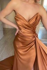 Mermaid Strapless Sweetheart Floor-length Multiple-Layers Sleeveless Open Back Side Train High Split Prom Dress-stylesnuggle