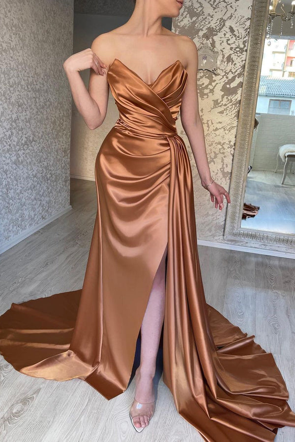 Mermaid Strapless Sweetheart Floor-length Multiple-Layers Sleeveless Open Back Side Train High Split Prom Dress-stylesnuggle