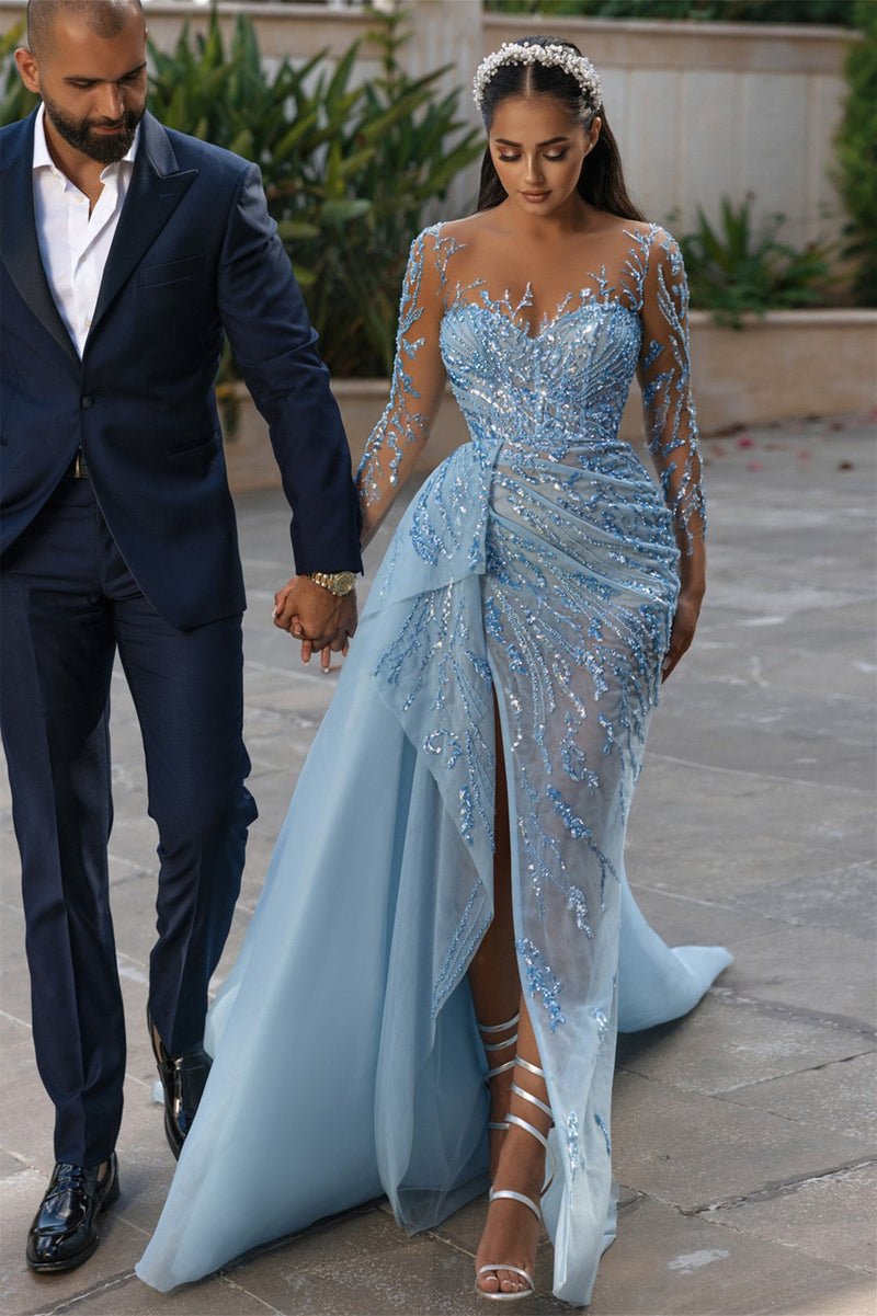 Mermaid Strapless Sweetheart Floor-length With Side Train Appliques Lace High Split Long Sleeve Prom Dress-stylesnuggle