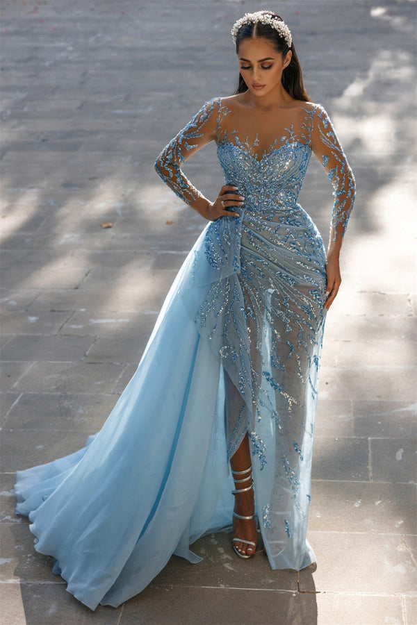 Mermaid Strapless Sweetheart Floor-length With Side Train Appliques Lace High Split Long Sleeve Prom Dress-stylesnuggle