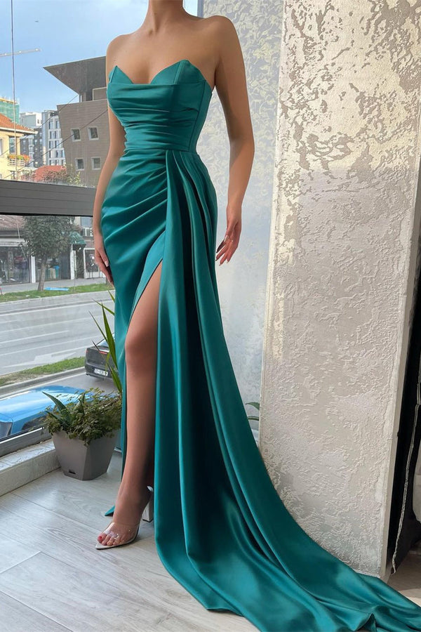 Mermaid Strapless Sweetheart Ruffles Floor-length Sleeveless Open Back Side Train High Split Prom Dress-stylesnuggle