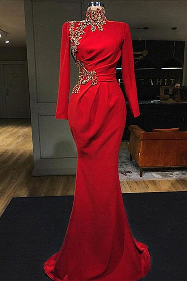 Mermaid Sweetheart Floor-length Appliques High Split Long Sleeve Prom Dress-stylesnuggle