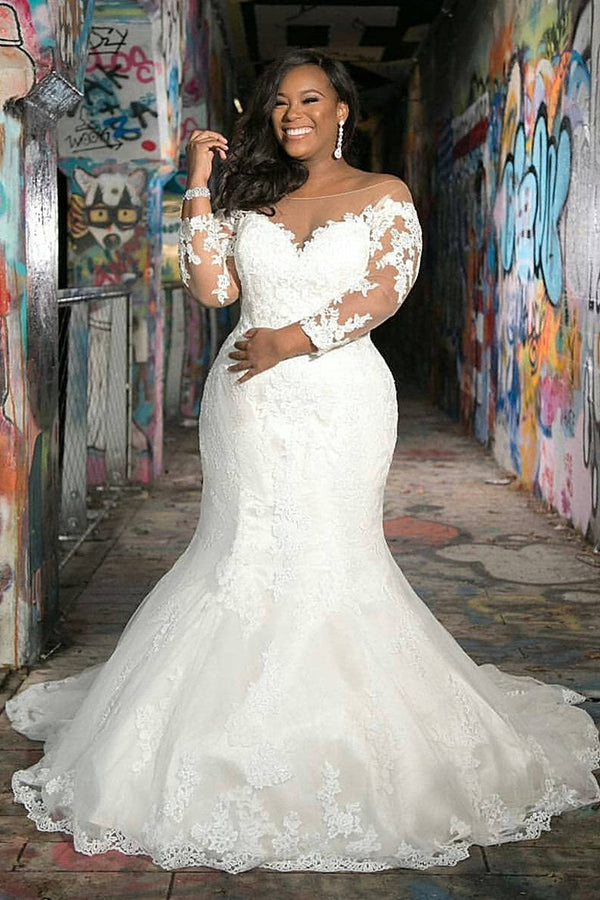 Mermaid Sweetheart Floor Length Long Sleeves Tulle Applique Wedding Dress-stylesnuggle