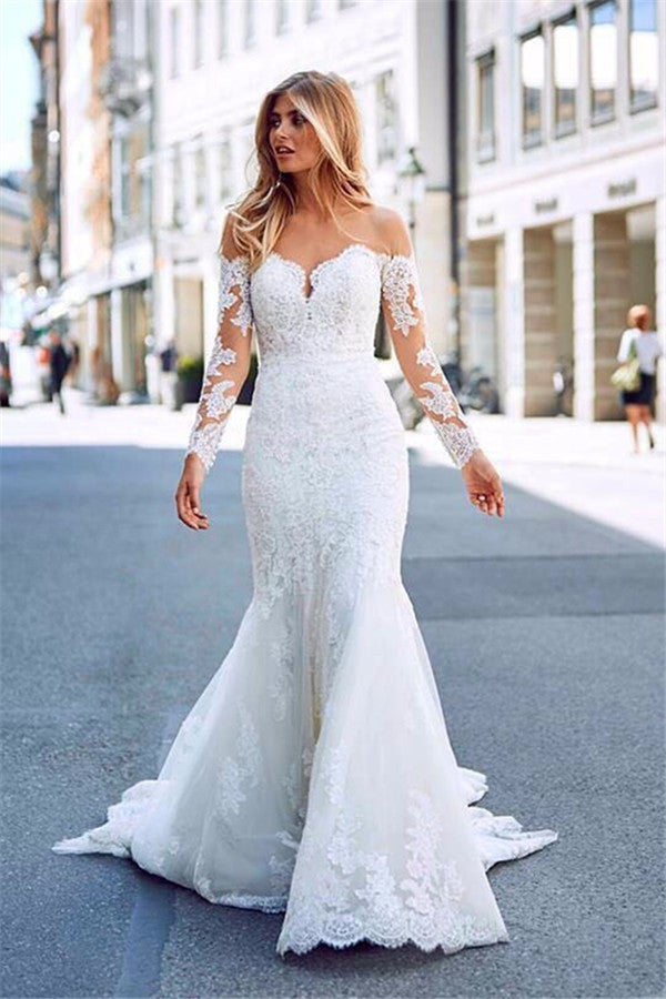 Mermaid Sweetheart Long Sleeve Floor Length Chapel Backless Applique Wedding Dress-stylesnuggle