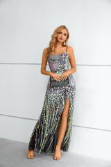 Mermaid Sweetheart Spaghetti Strap Floor-length Sleeveless Backless Appliques Lace High Split Prom Dress-stylesnuggle