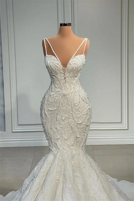 Mermaid Sweetheart Spaghetti strap Lace Floor-length Sleeveless Applique Beaded Wedding Dress-stylesnuggle