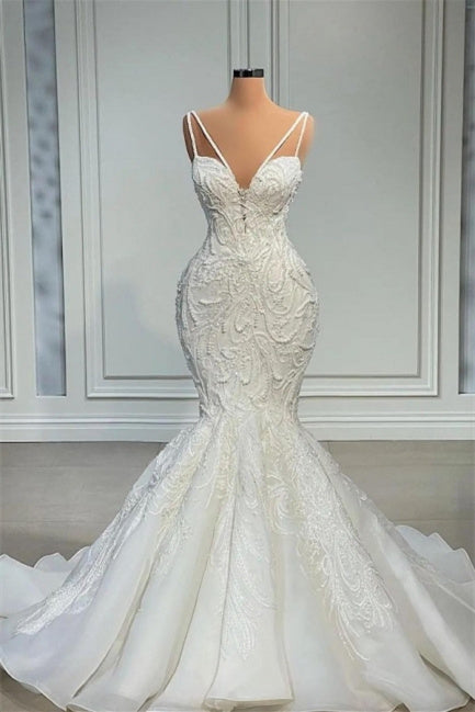 Mermaid Sweetheart Spaghetti strap Lace Floor-length Sleeveless Applique Beaded Wedding Dress-stylesnuggle