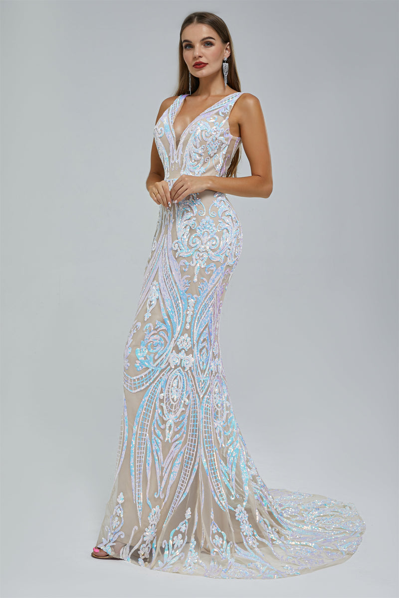 Mermaid V-neck Backless Lace Sequined Floor-length Long Sleeve Elegant Prom Dress-stylesnuggle