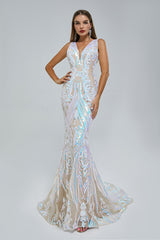 Mermaid V-neck Backless Lace Sequined Floor-length Long Sleeve Elegant Prom Dress-stylesnuggle