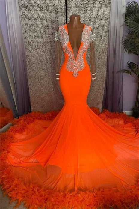 Mermaid V-neck Beaded Sequined Floor-length Long Sleeves With Feather Prom Dress-stylesnuggle