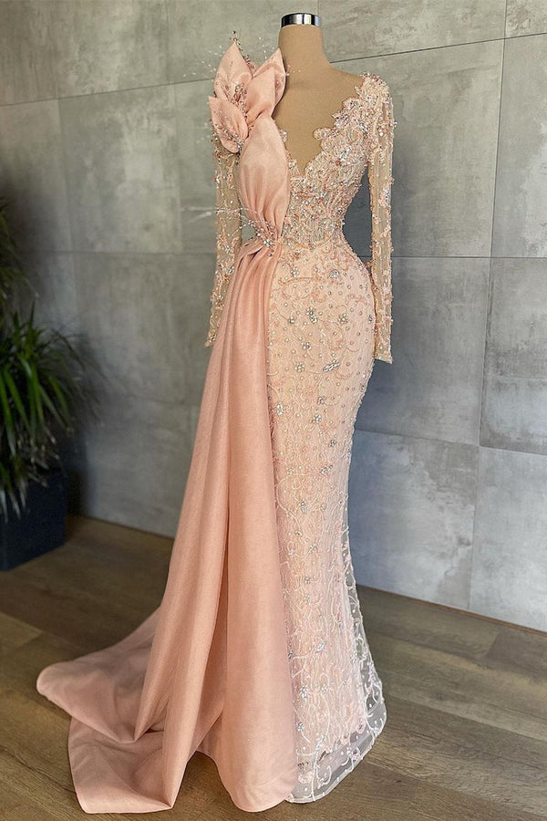 Mermaid V-neck Beading Sequined Floor-length Long Sleeve Appliques Lace Flower Prom Dress-stylesnuggle