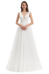 Mermaid V-neck Floor-length Sleeveless Backless Appliques Lace Wedding Dress-stylesnuggle