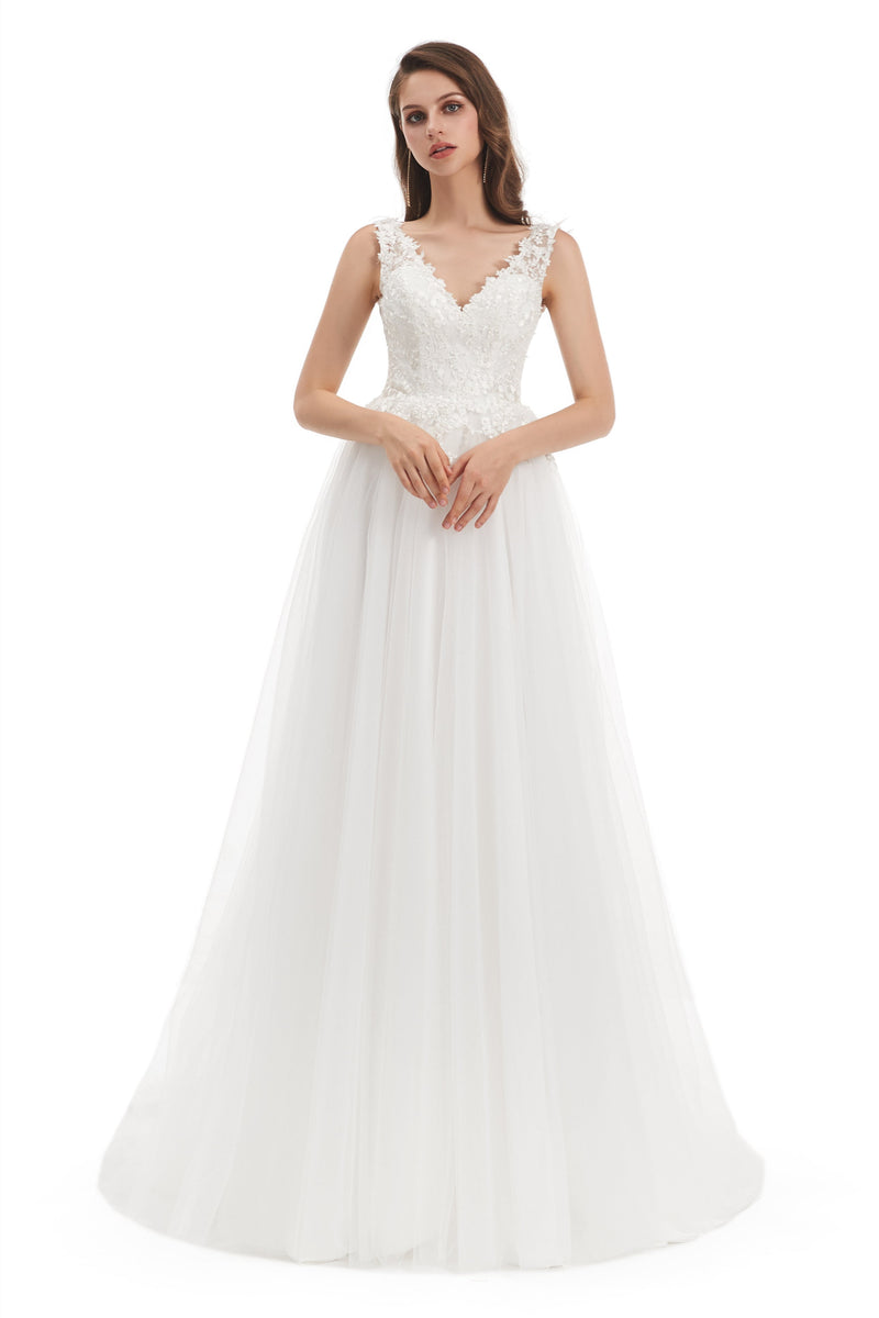 Mermaid V-neck Floor-length Sleeveless Backless Appliques Lace Wedding Dress-stylesnuggle