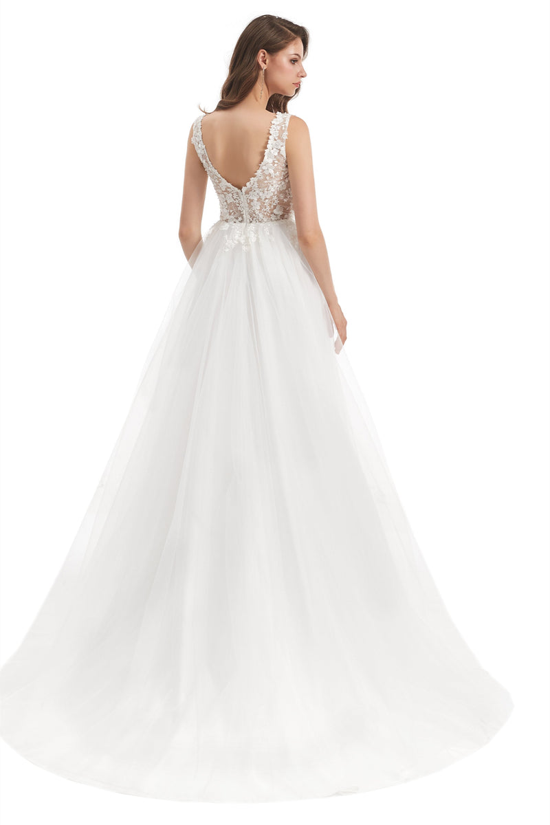 Mermaid V-neck Floor-length Sleeveless Backless Appliques Lace Wedding Dress-stylesnuggle